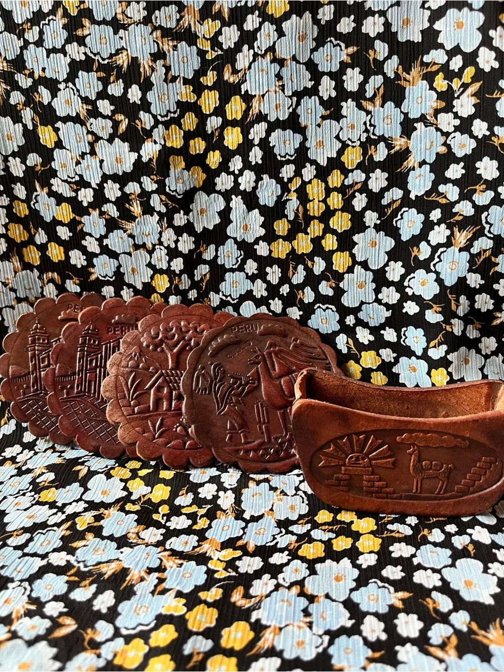 Vintage Handcrafted Peruvian Leather Coaster (4) set with Holder